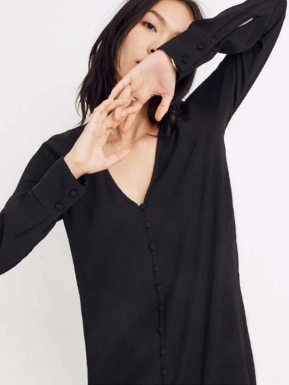 Madewell Heather Long Sleeve Button Front Dress Mens Black V-Neck Mini Size M - Picture 7 of 11